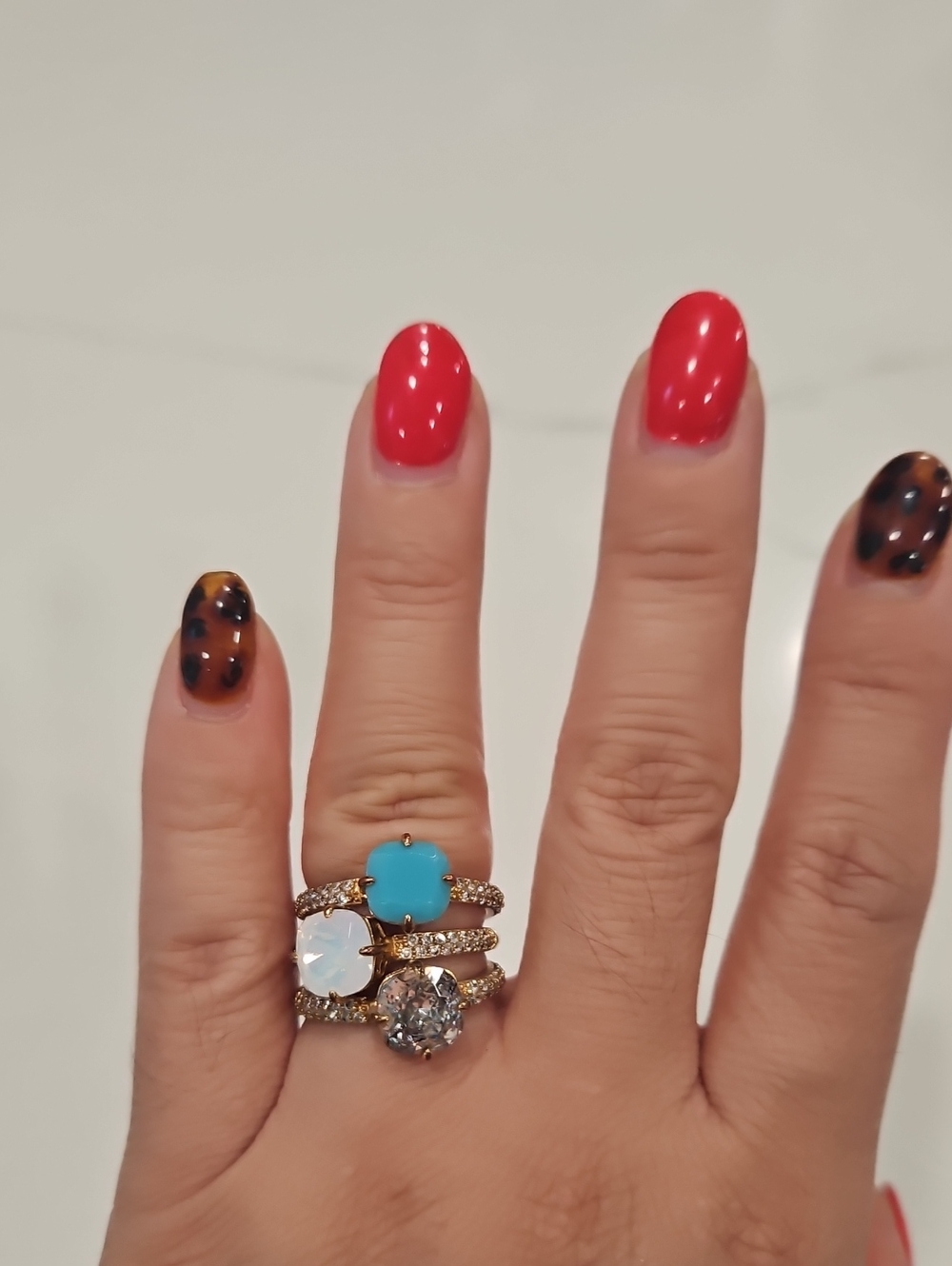 Stella & Dot Gold Stackable Ring Set with Turquoise, Opal and Clear Crystal